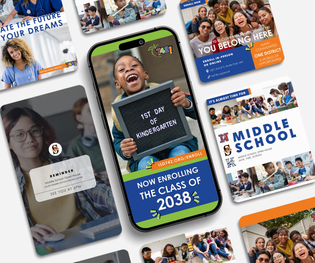 Various social media examples mocked up on a phone and laid out in a grid