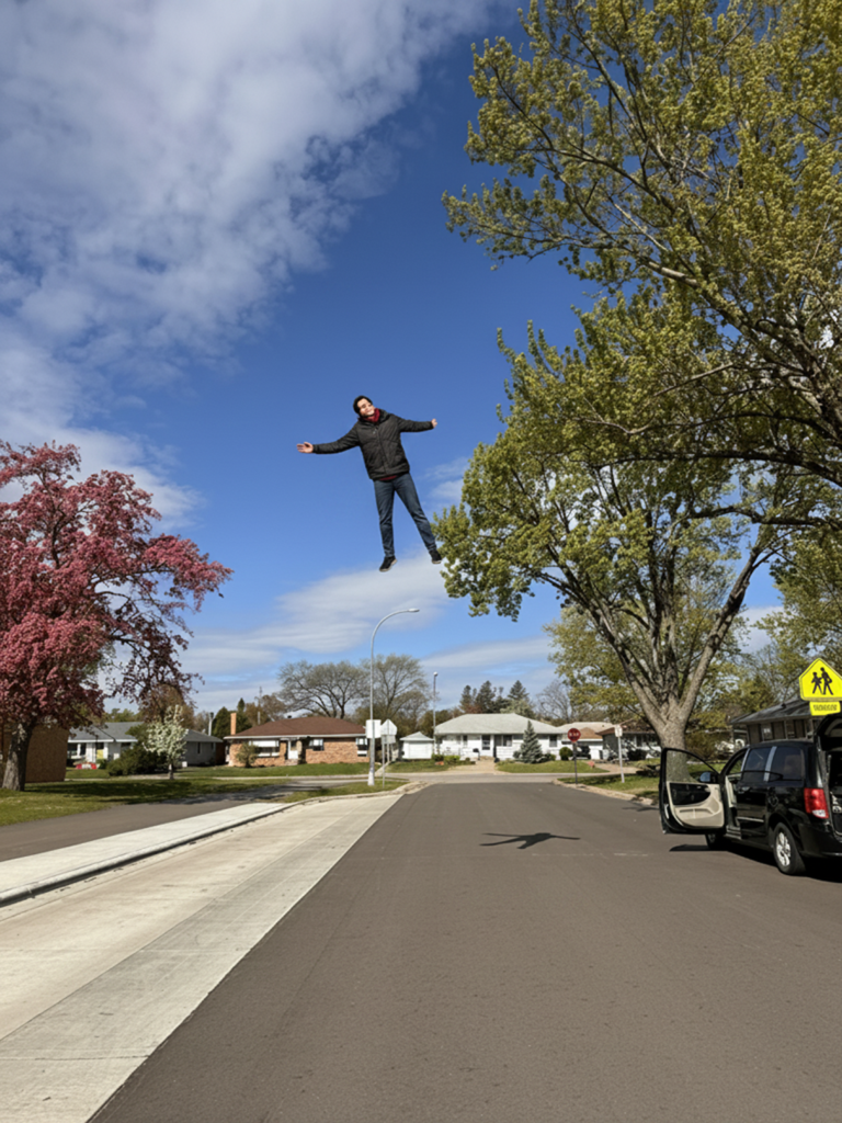 man floating above a street